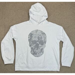 Heads‎ Or Tails Skull Rhinestones Men's White Long Sleeve Hoodie Size 2XL